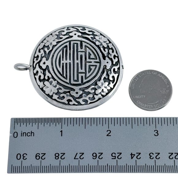 Sterling Silver 925 Oxidized 32.4 gram Floral Motif Chinese Character Pendant - Picture 4 of 4